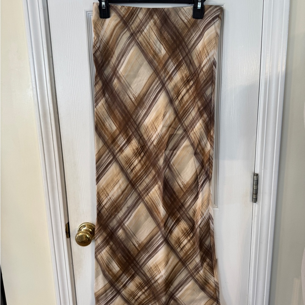 ZARA Satin Bias Cut Midi Skirt Plaid Brown Neutral XS NWT 90s Y2K Minimalist - Picture 3 of 10